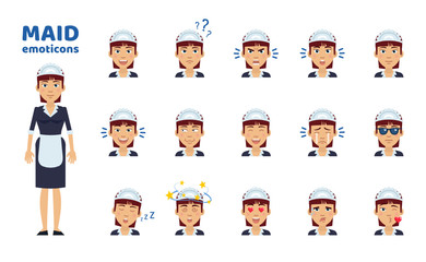 Big set of housemaid emoticons. Maid emojis showing different facial expressions. Happy, sad, smile, laugh, surprised, serious, angry, dazed, in love and other emotions. Simple vector illustration