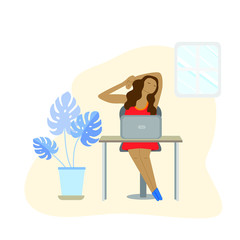 Woman sits at a table by the computer and dreams of something. She is tired of the computer and wants to relax. Modern flat illustration on a white background in pastel colors. tropical plant in pot.