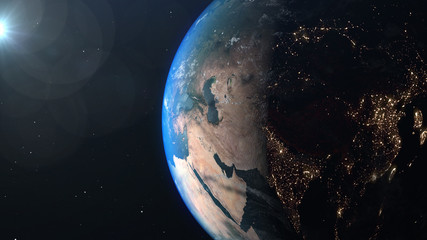 World and sun realistic 3D rendering. Shiny sunlight over Planet Earth, cosmos, atmosphere, asia, east. Shot from Space satellite