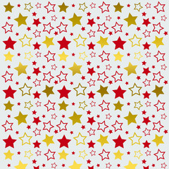 Abstract pattern of golden and red stars on gray background. Vector for Christmas and New Year card, celebration invitation, packaging design, illustration