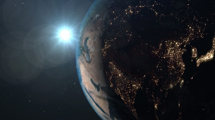 World and sun realistic 3D rendering. Shiny sunlight over Planet Earth, cosmos, atmosphere, asia, east. Shot from Space satellite