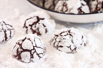 Chocolate cookies with cracks on a white background