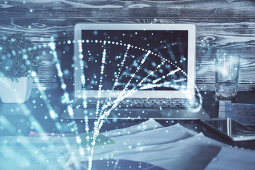 Desktop computer background and DNA drawing. Double exposure. Science concept.