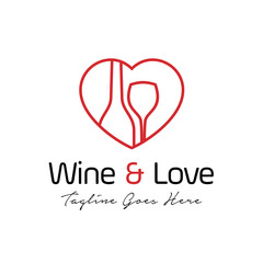 wine love logo design template. consisting of a wine glass and bottle icon on hearth icon with line art concept. bar, cafe, restaurant symbol icon