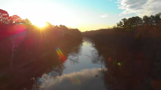 Lowering Drone Shot Neuse River Early Morning