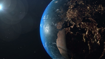 World and sun realistic 3D rendering. Shiny sunlight over Planet Earth, cosmos, atmosphere, Europe, European. Shot from Space satellite