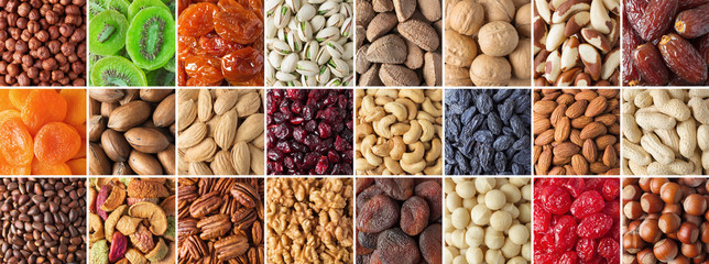 assorted nuts and dried fruit collection. colorful vegan food background - obrazy, fototapety, plakaty