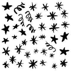 Hand-drawn painted stars and snowflakes for t-shirt print, card, flyer, poster design. Black elements isolated on white background. Vector illustration