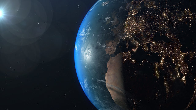 World and sun realistic 3D rendering. Shiny sunlight over Planet Earth, cosmos, atmosphere, Europe, European. Shot from Space satellite © _CK_studio