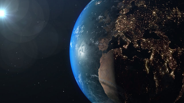 World and sun realistic 3D rendering. Shiny sunlight over Planet Earth, cosmos, atmosphere, Europe, European. Shot from Space satellite © _CK_studio