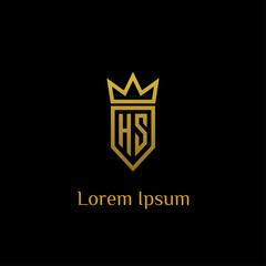 luxury initial H S monogram with shield and crown in gold logo vector design. jewelry, hotel, boutique, fashion industry, business company symbol icon