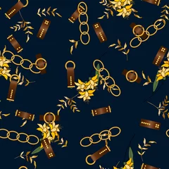 Printed roller blinds Floral element and jewels Vintage gold jewelry of necklace and rustic ropes, tassels and belts with leaves.
