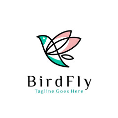flying bird logo design template with linear/line art concept style. vector illustration of bird in outline style