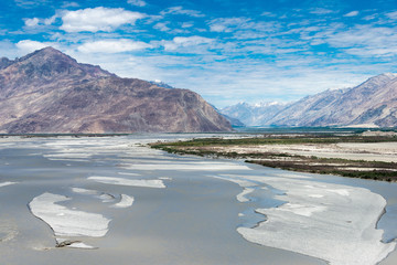 Ladakh, India - Jul 24 2019 - Beautiful scenic view from Between Diskit and Khardung La Pass (5359m) in Nubra Valley, Ladakh, Jammu and Kashmir, India.