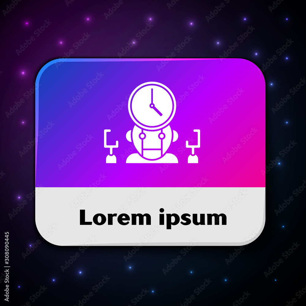 Poster white robot and digital time manager icon isolated on black background. time management assistance, 