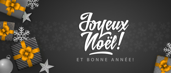 Joyeux Noel - Merry christmas in french language blackboard flat banner template design elements, snowflakes, stars and calligraphy
