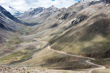 Ladakh, India - Aug 03 2019 - Beautiful scenic view from Between Khardung La Pass (5359m) and Leh...