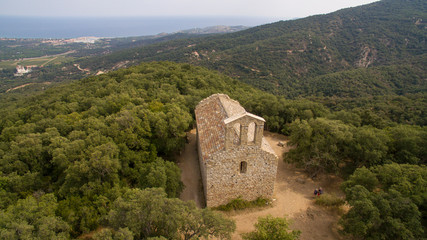 Fototapeta na wymiar Aerial view of the St Laurent chapel with the Mediterranean sea in the background