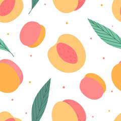 Peaches hand drawn seamless pattern for print, textile, fabric. Modern fruits kids background.