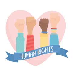 human rights, hands raised in fist love heart strong