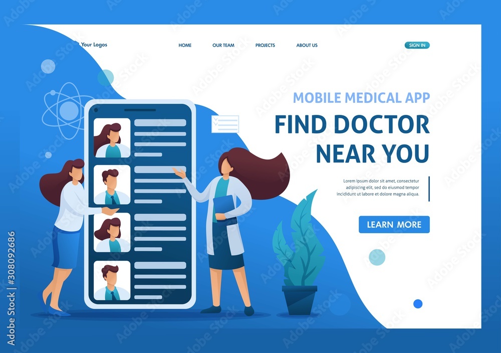 Poster mobile app to search for doctors nearby with you. flat 2d character. landing page concepts and web d