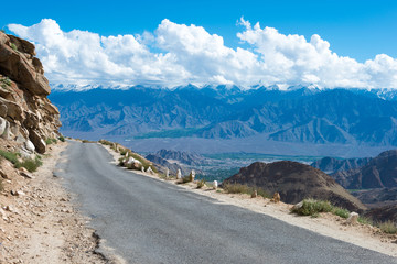 Ladakh, India - Aug 03 2019 - Riders on Between Khardung La Pass (5359m) and Leh in Ladakh, Jammu...