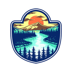 Vector illustration of lake, mountain and sunset