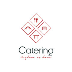 line art catering logo design vector template. catering logo with cooking/catering equipment, spoon and fork icon, tent icon, table icon, and stove icon concept design