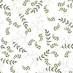 Hand drawn elements brances in natural summer seamless pattern. Art decorative organic botany environment concept. Fresh garden vector illustration. Abstract green leave or foliage