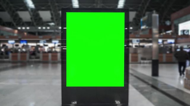 Airport hall billboard mock up with green screen, alpha channel. Business concept, indoor board, empty frame with chroma key. 