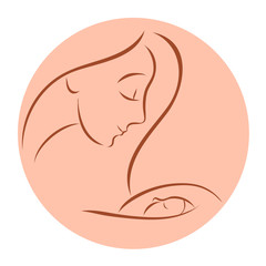 A young mother holds a newborn baby in her arms. Lovingly looks at him. Drawn in lines. Vector tender illustration.