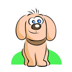 Funny kind dog with a collar is sitting on the grass. Vector isolated illustration.