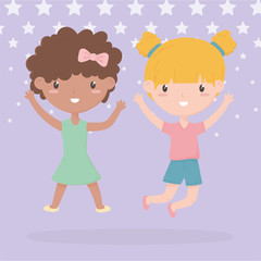 happy childrens day, two little girls with hands up celebrating cartoon