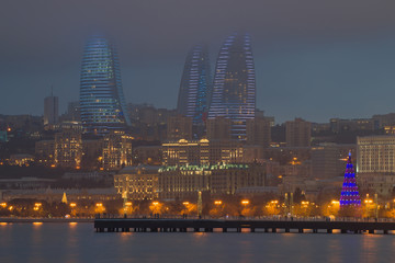 View of the Flame Towers on a gloomy January evening, Baku