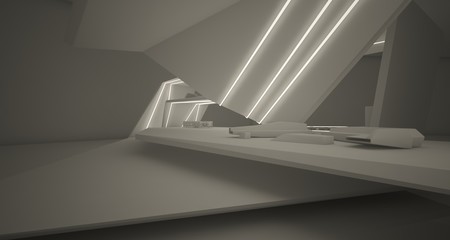 Obraz premium Abstract architectural white interior of a minimalist house with swimming pool and neon lighting. 3D illustration and renderin