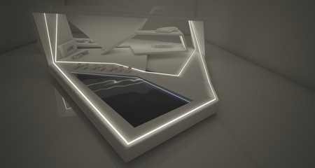 Abstract architectural white interior of a minimalist house with swimming pool and neon lighting. 3D illustration and renderin