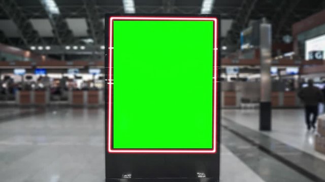 Airport hall billboard mock up with green screen, alpha channel. Business concept, indoor board, empty frame with chroma key. 