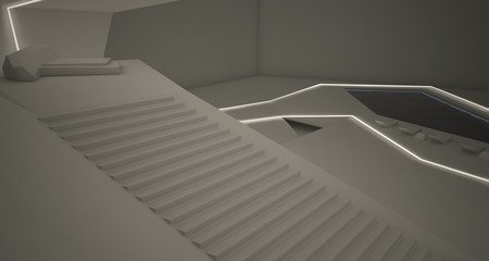 Abstract architectural white interior of a minimalist house with swimming pool and neon lighting. 3D illustration and renderin