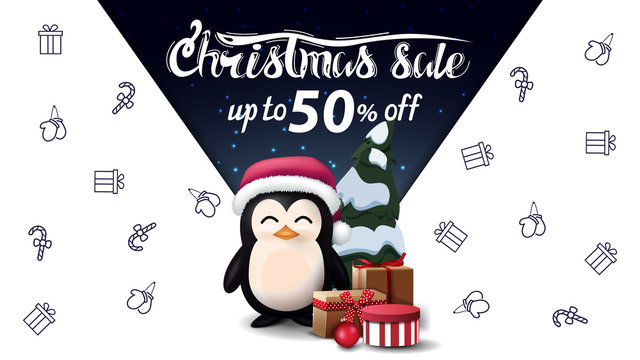 Christmas sale, up to 50% off, white discount banner with line Christmas icons on background and penguin in Santa Claus hat with presents, space imagination