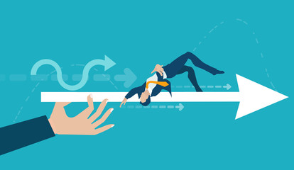 Successful businessmen making jump over the barrier. Making money, salary raise, achievement and top competitor. Business concept illustration