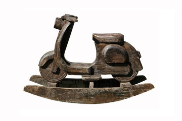 Wood motorbike Shape Kids Rocking Chair isolated on white background, Wooden rocking scooter design.