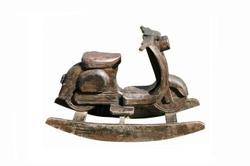 Wood motorbike Shape Kids Rocking Chair isolated on white background, Wooden rocking scooter design.