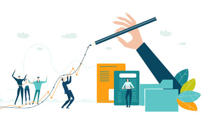 Hand of businessmen drawing the growth line up as symbol of stability in business, control and support. Little happy people working in office