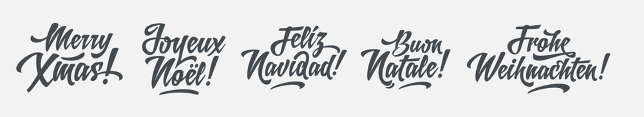 Vector Merry Christmas card flat logo template set with greetings in spanish, english, french, german and italian languages. Buon natale. Feliz navidad. Joyeux noel. Merry xmas. Frohe Weihnachten.