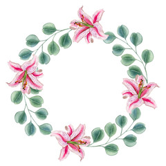 Watercolor hand drawn lilly frame illustration. Can be used as print, postcard, packaging design, element design, template, textile design,sticker, tattoo and so on.