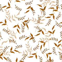 Fototapeta na wymiar Autumn garden, foliage falls endless concept. Sketched golden and yellow plants or herbs collection on white background. Romantic orange leave hand drawn seamless pattern, doodle texture.