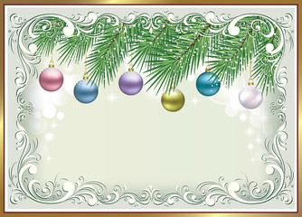 New Year background 2020 with balls in a decorative frame. Holiday greeting card. Vector illustration