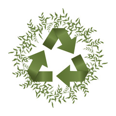 Eco, bio and nature protection graphic elements with plant. Concept of global garbage reuse, reduce, paper recycle vector banner. Green circular isolated arrows or icon image.