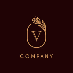luxury monogram letter V logotype with flower icon concept. premium elegant alphabet/initial frame design vector. beauty industry, cosmetics, salon, boutique, company, corporate symbol icon