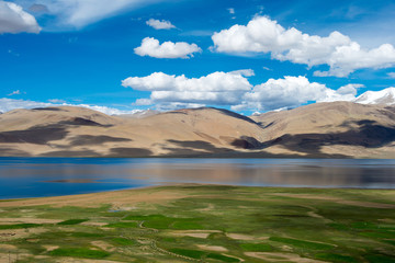 Ladakh, India - Jul 30 2019 - Tso Moriri Lake in Changthang Plateau, Ladakh, Jammu and Kashmir, India. It is part of Ramsar Convention - Tsomoriri.